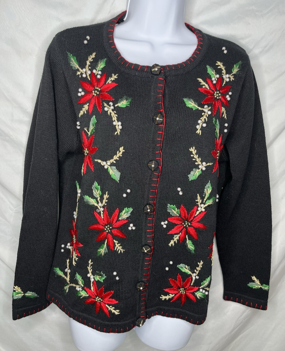 Victoria Jones Holiday Cardigan Sweater Poinsettia Embroidery Ramie Blend Size S